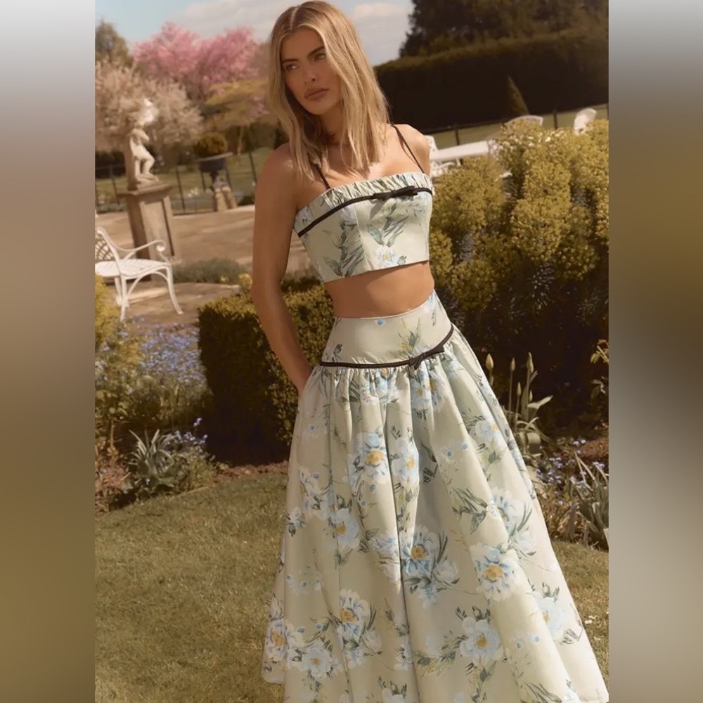 PALE GREEN FLORAL PRINTED COTTON MIDAXI SKIRT CO-ORD SET